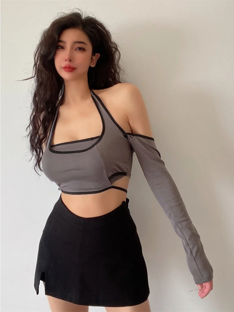 

Новинка 2022, сексуальная модная футболка TVVOVVIN с длинным рукавом для девушек, с открытыми плечами, с лямкой на шее, облегающая короткая футбол...