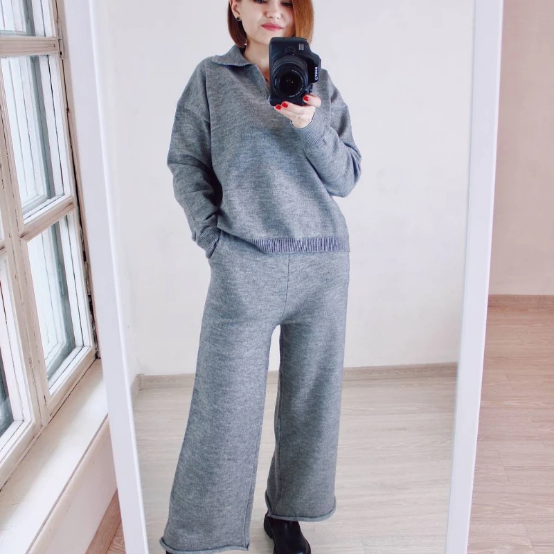 2022 Autumn and Winter New Knitted Suit Women's Loose Polo Collar Sweater Wide Leg Pants Two-piece Set