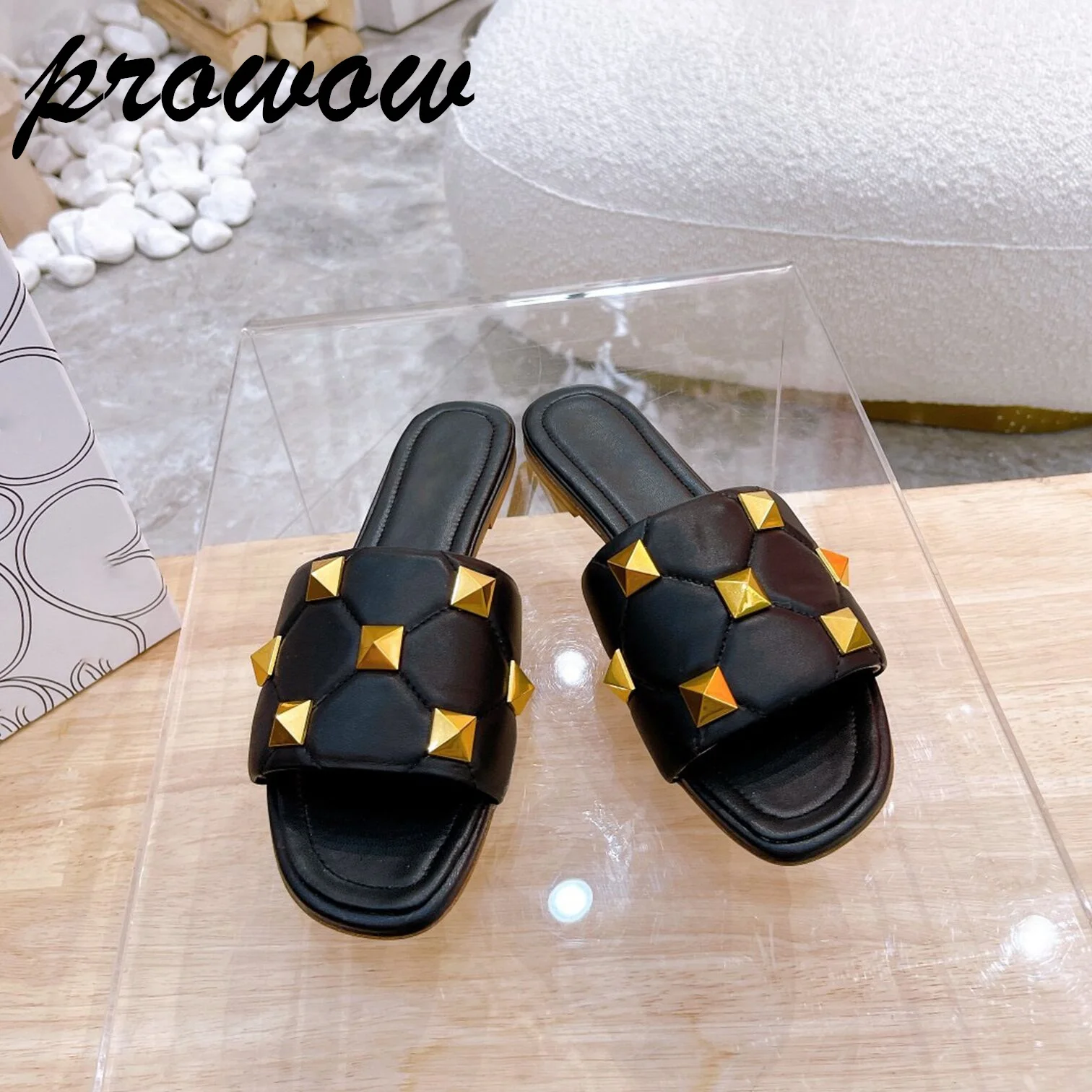 

Prowow New Genuine Leather Runway Party Studded Luxury Brand Slipper Open Toe Comfortable Summer Flats Shoes Women