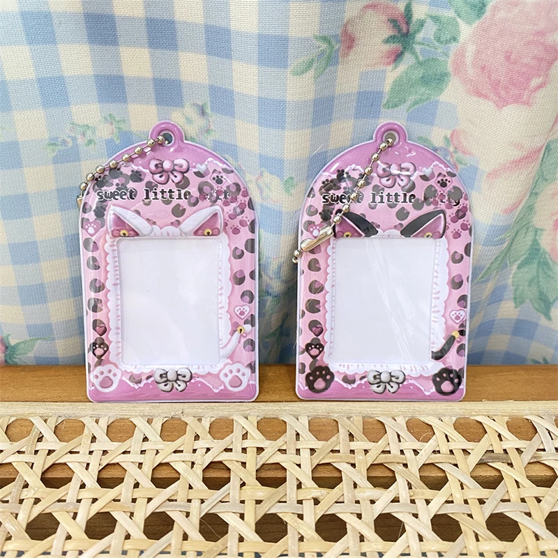 

INS Cat Ears 1 Inch Photo Card Holder Kpop Idol Photocard Sleeves ID Credit Card Protective Case Keychain Bag Pendant Gift