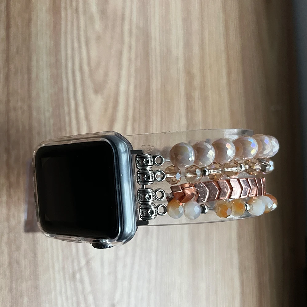 Beaded Bracelet for Apple Watch Bands 41/40/38/45/44/42mm Ladies Handmade Elastic Beaded Watch Band for iWatch Series 8 7 6 SE 5