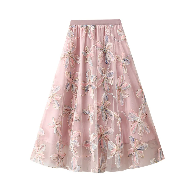 

Sweet Embroidery High Waist Umbrella A- Line Mid Skirt Women with Lining Summer New Colorful Flower Tulle Skirt Women