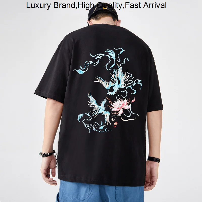 

Chao Guo China Wind Short Sleeve T -shirt Men's Summer Loose Large Character Phoenix Pattern Embroidery Tide Cotton