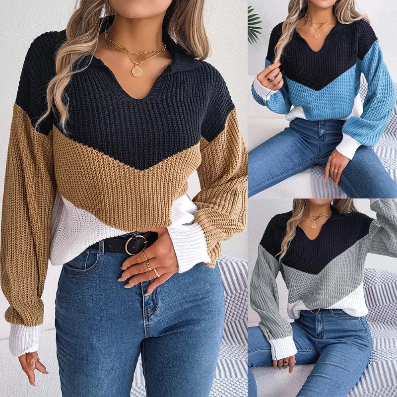 

2023 Autumn/Winter Casual Polo Collar Contrast Knitted Pullover Sweater Independent Station Women's Wear