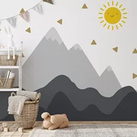 Cartoon Sun & Gray Mountain Wall Sticker for Kids Room Nursery Baby Boys Room Home Decor Kindergarten Self-adhesive Fabric Mural