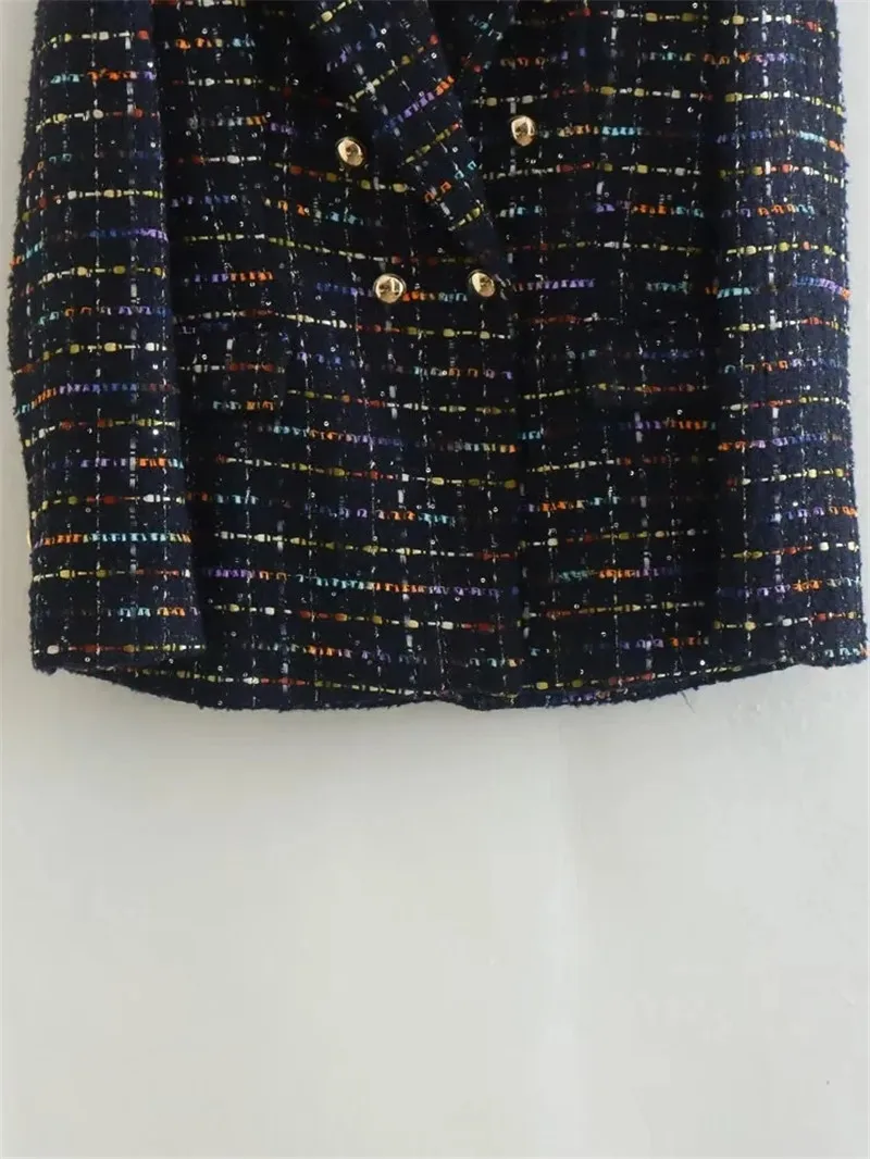 DEARIRIS Women's Long Sleeve Checked Lapel Collar Double Breasted Tweed Textured Blazer Suit  Jacket