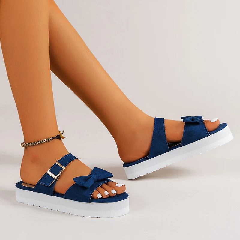 

Platform Slippers Women Bow Buckles Summer Sandals New Ladies Fashion Home Slippers Open Toe Beach Slides Women Zapatos De Mujer