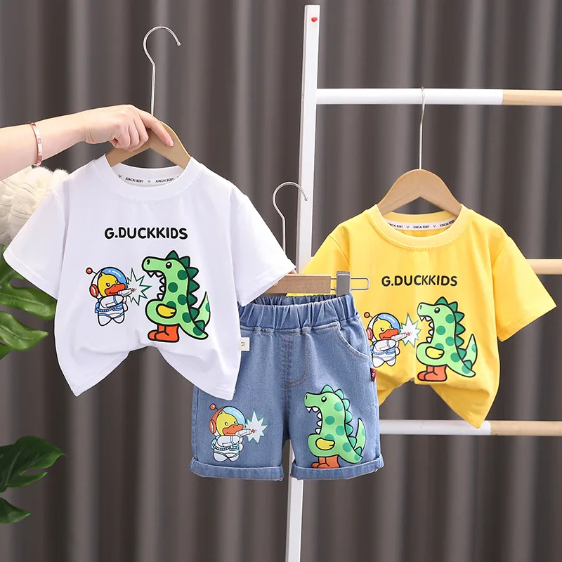 

2023 Summer Child Clothes Sets Short Sleeve O Neck Print Cartoon Dinosaur White 2 Piece Sets Designer Boys Clothes Sets 12M-5T