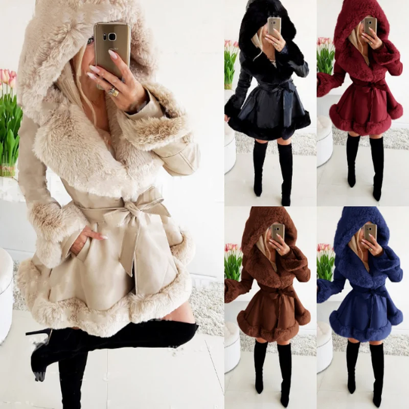 Pure Color Fashion Self-cultivation PU Fur Stitching Jacket Ladies Elegant Faux Fur Winter Warmth Ruffled Waist Hooded Jacket