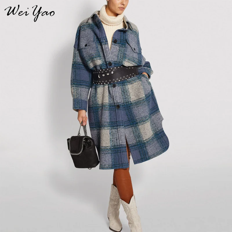 Женский плюшевый кардиган винтажного голубо-клетчатого принта свободного покроя на каждый день зимой.