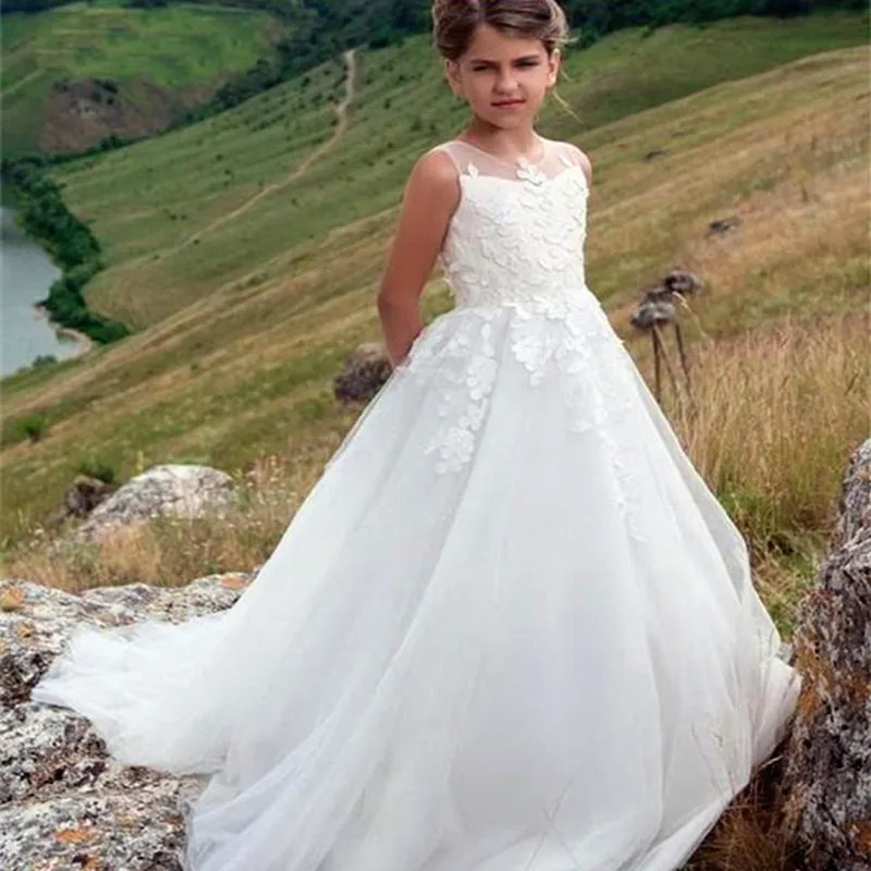 

Цветочные платья для девочек, Белое Бальное Платье, кружевное Тюлевое платье без рукавов, подходит для конкурсов, платья для дня рождения, вечеринки, первого причастия