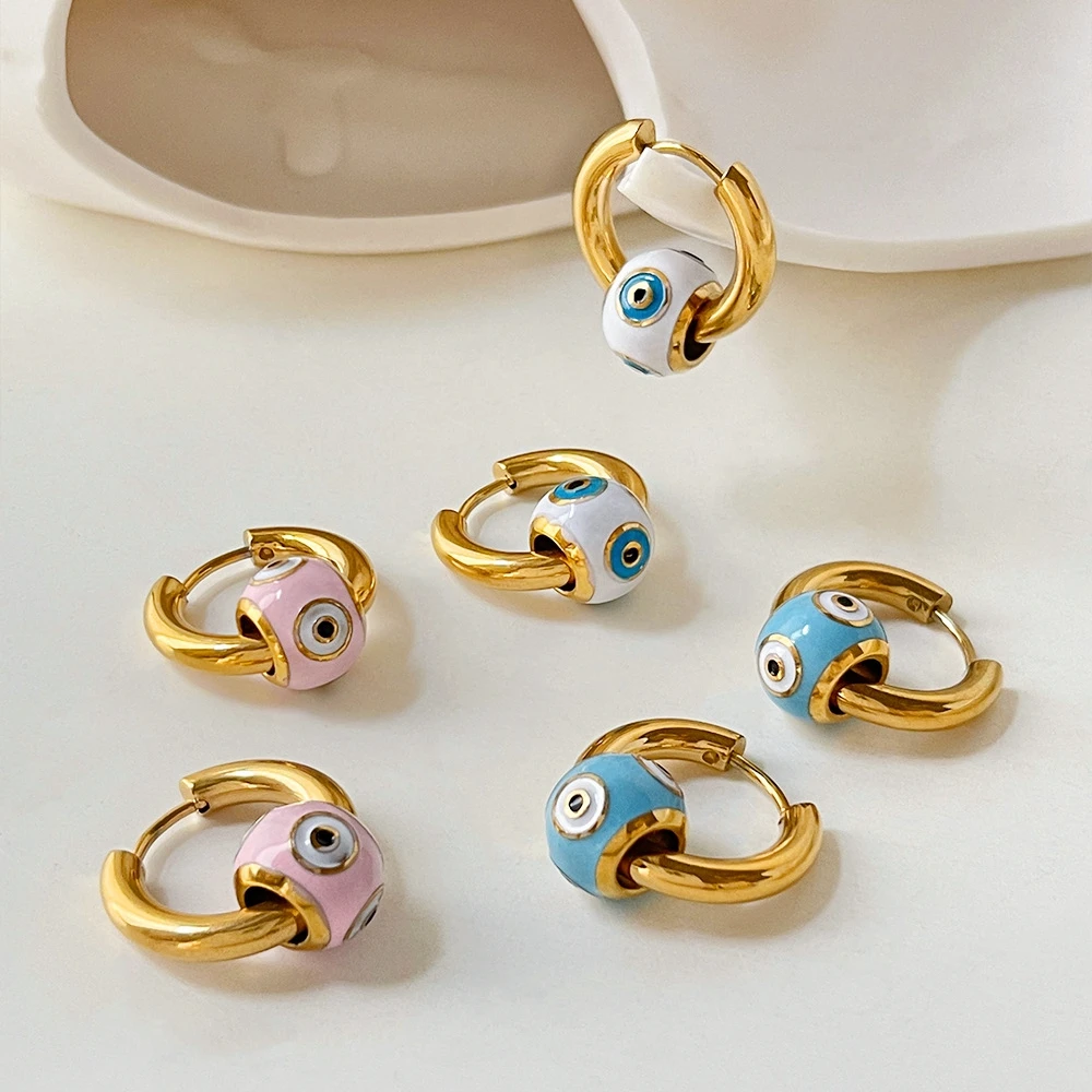 

Minar Personality Candy Color Enamel Round Evil Eye Beads Hoop Earrings Women Stainless Steel Gold Huggies Detachable Earring