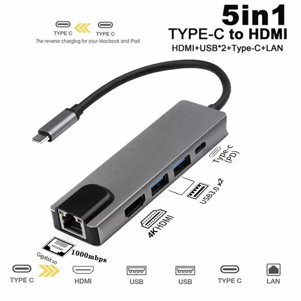 

5 in 1 USB Type C Hub HDTV 4K USB C Hub to Gigabit Ethernet Rj45 Lan Adapter Docking Station for USB c hub MacBook pro