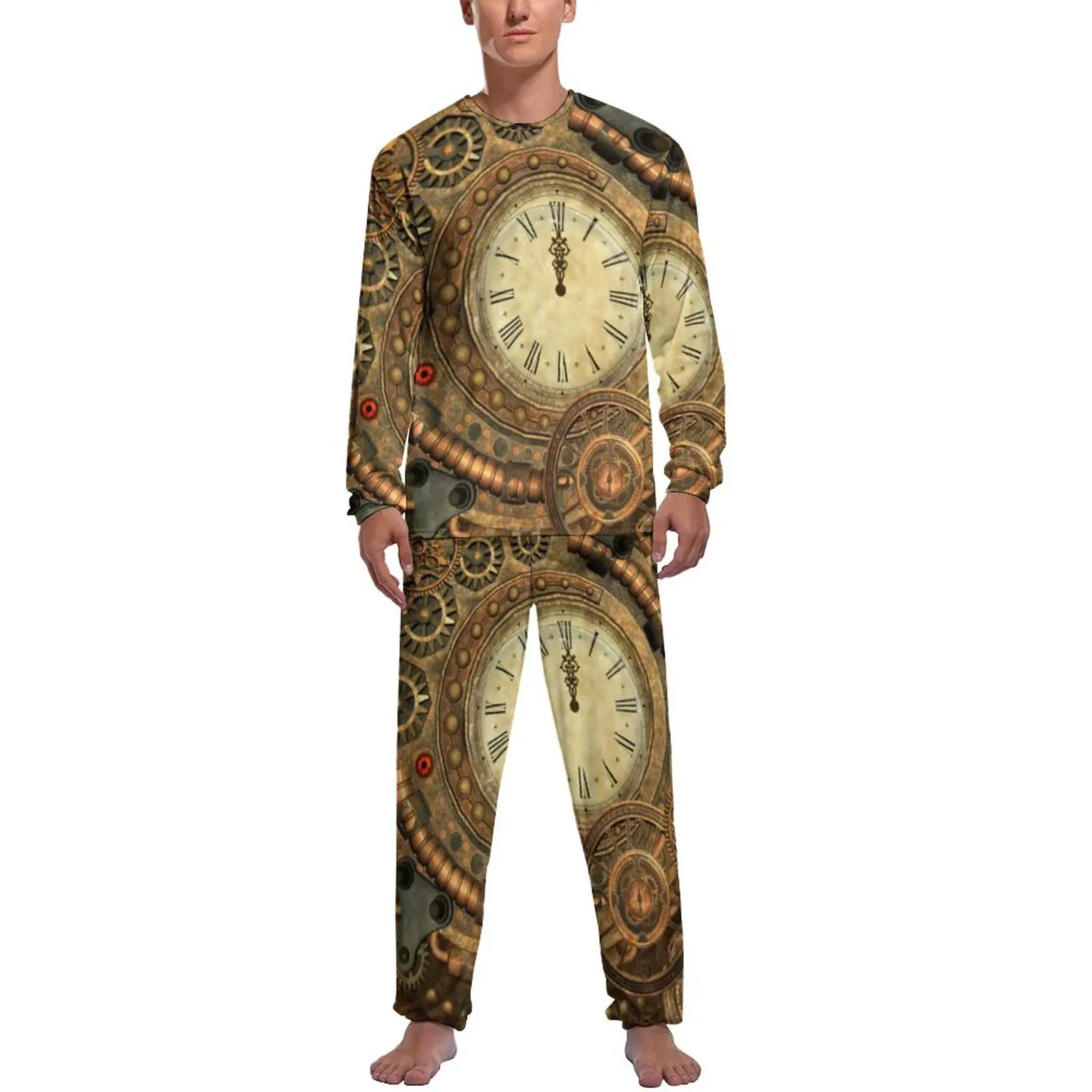 Steampunk Pajamas Spring Wonderful Clockwork Bedroom Home Suit Men 2 Piece Design Long-Sleeve Fashion Pajamas Set