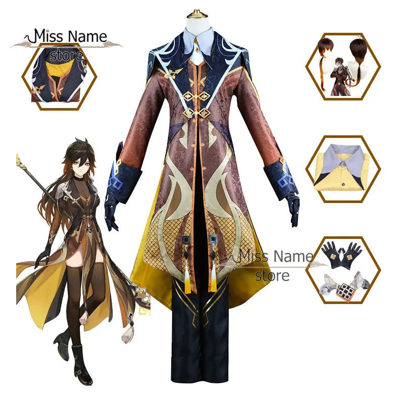 

Game Genshin Impact Zhongli Cosplay Costume Zhong Li Archon Full Set Wig Gloves Earning Wig for Men Outfits Halloween Comic Con