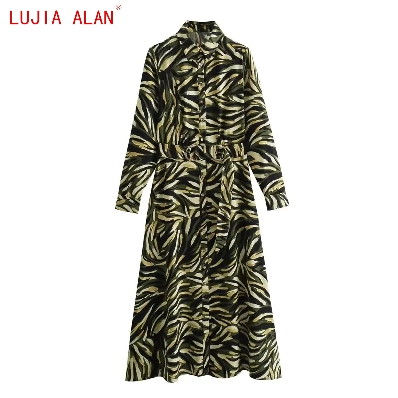 

Autumn New Women Graffiti Printed Midi Shirt Dress Female Casual Long Sleeve Belt Loose Vestidos LUJIA ALAN WD3597