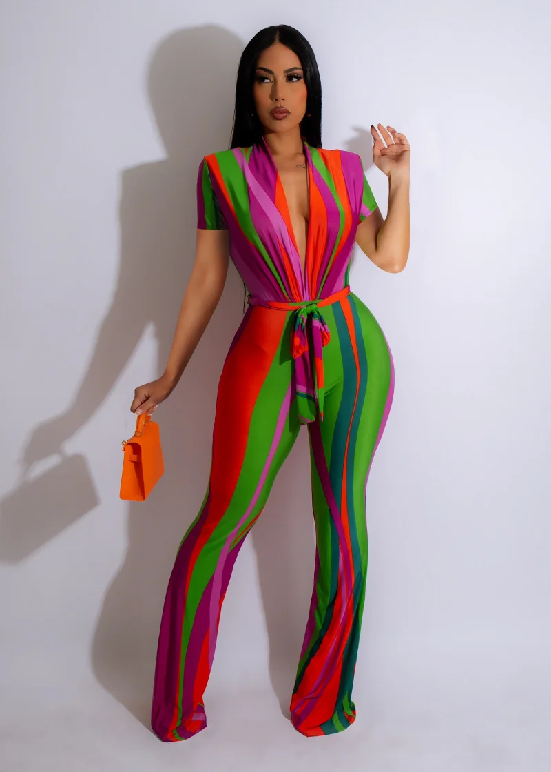 

WUHE Colorful Striped Deep V-neck with Sashes Wide Leg Sexy Party Jumpsuit 2023 Summer Playsuit Women Romper One Piece Suit