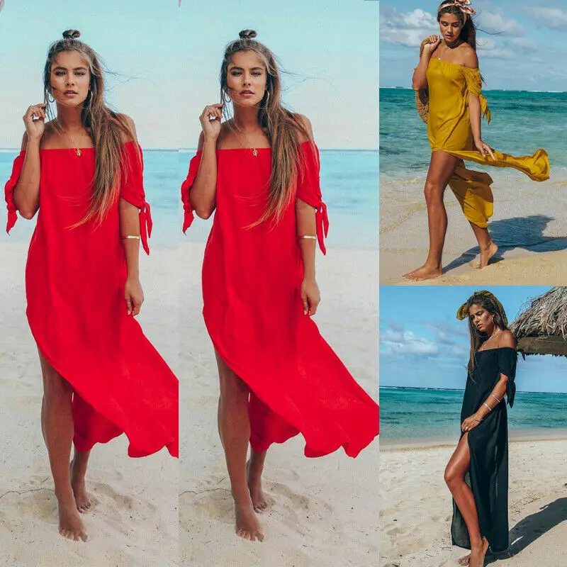 

Sexy Off Shoulder Women Tunic Beach Dress Swim Suit Short Sleeve Solid Cover Up Summer Maxi Beach Dresses For Women Swimsuits