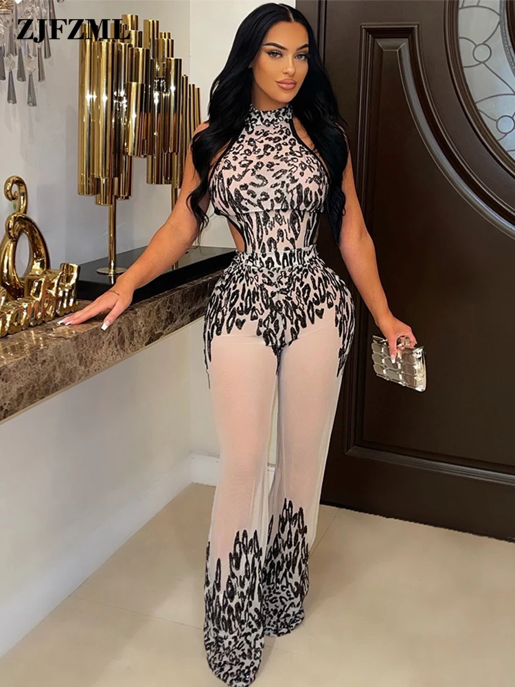 

Elegant Mesh Sequin Spliced Long Jumpsuit Women Sexy Mounted Neck Backless Straight Overalls Summer Party Night Clubwear Outfit