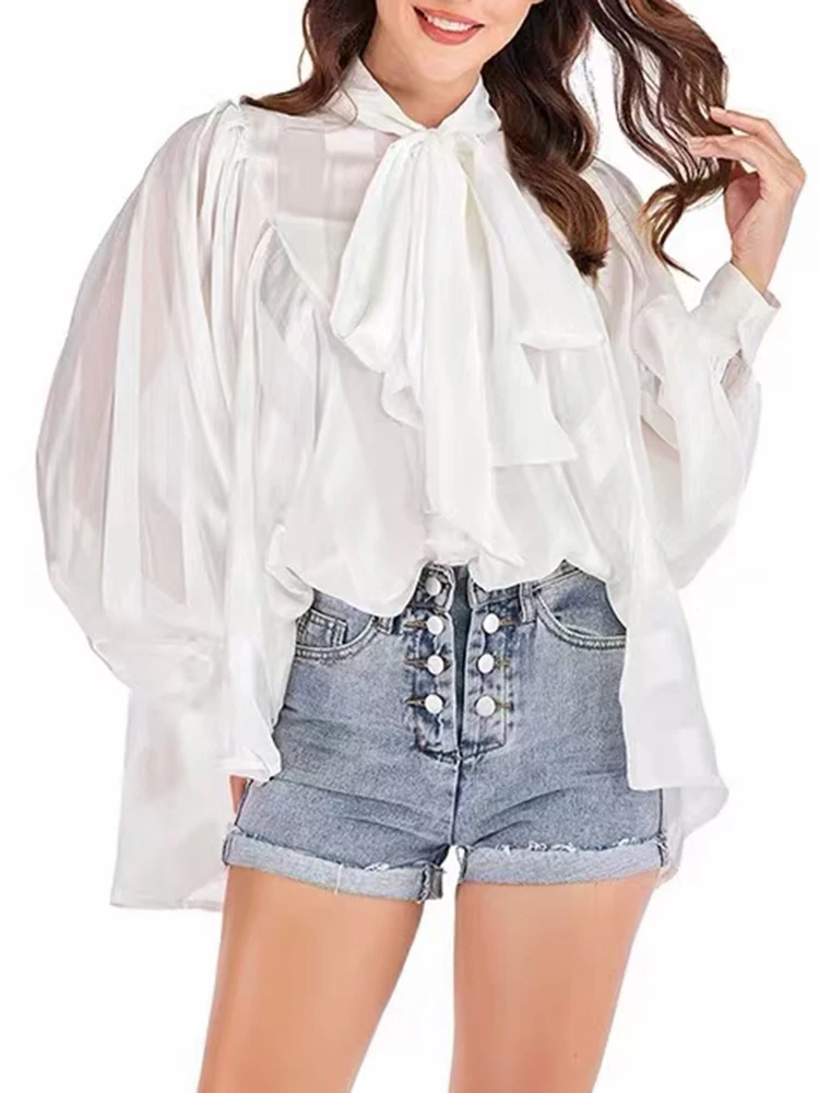 VGH Striped Casual Blouses For Women Bowknot Collar Loose Long Lantern Sleeve Colorblock Pullovers Female 2022 Spring Clothing |