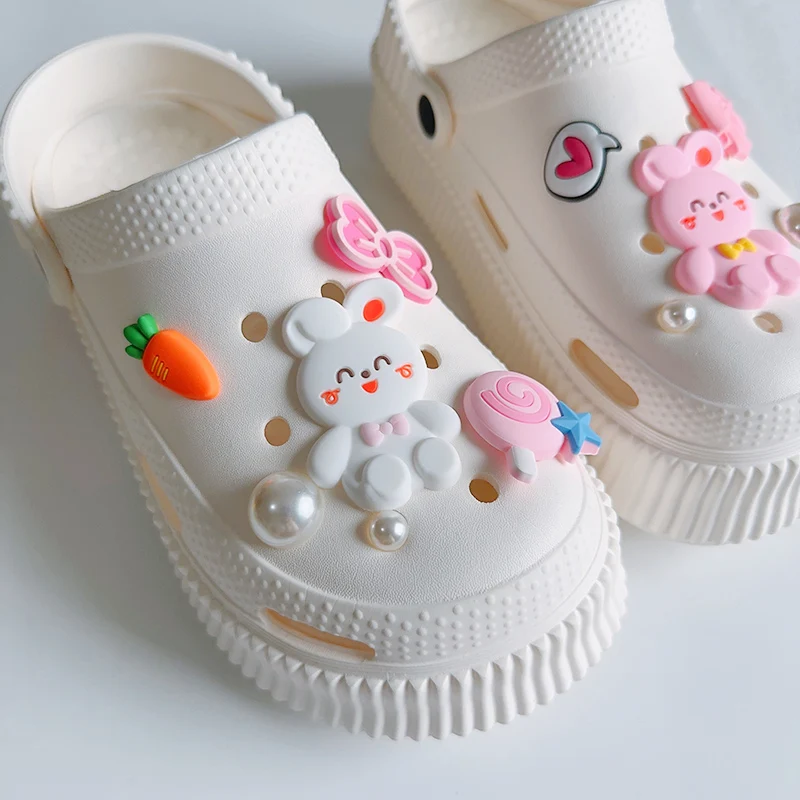 Cute Cartoon Blue Pink Color Rabbits Charms For Shoes DIY PVC Carrot Heart Bowknot Shoe Clogs Decoration Creative Jewelry Gifts