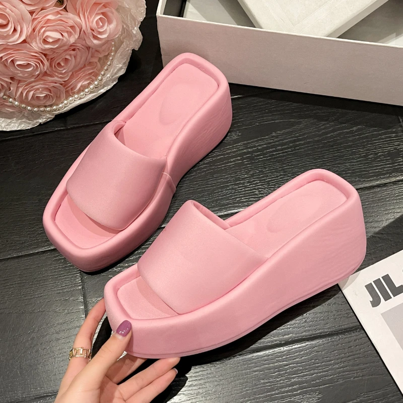 

Platform Slippers Women Black Pink Blue Thick Sole Mules Shoes Peep Toe Summer Slides Woman Runway Shoes Wedge Heels Slippers