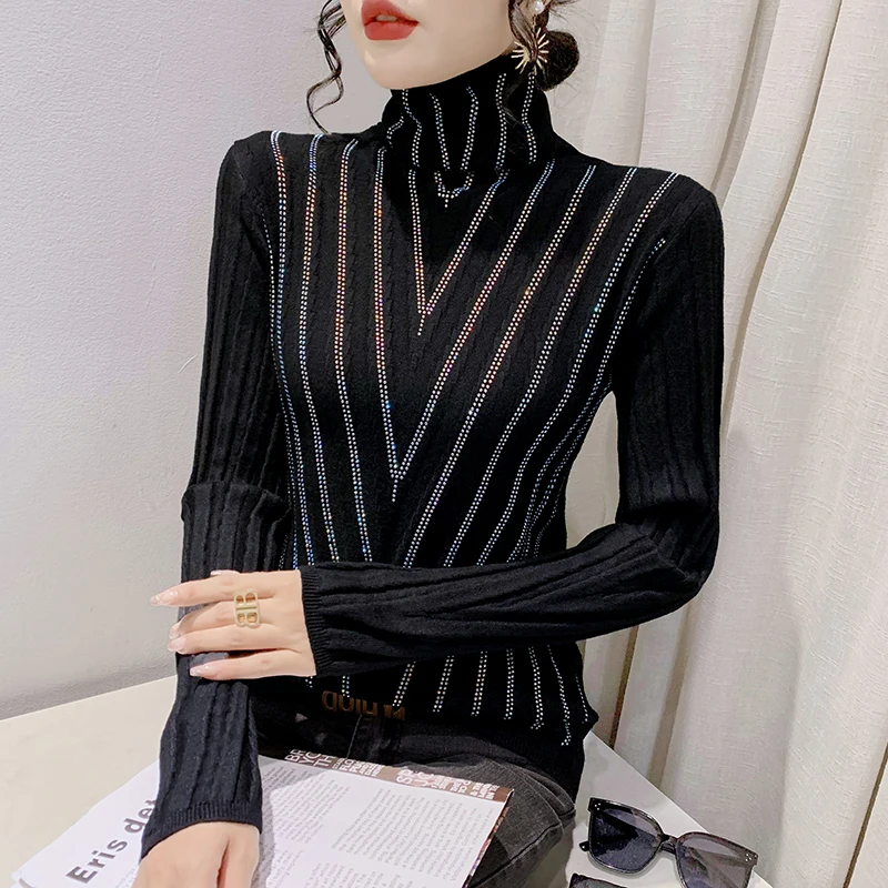 

Temperament High Neck Winter Diamond Korean Version Comfortable Long Sleeves Beautiful Fashion Base New Pullover Sweater
