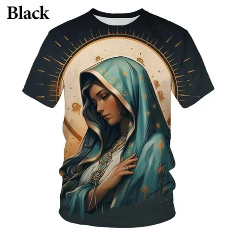 Футболка с христианским рисунком Девы Марии, повседневная футболка с 3D принтом «Мать Бога», крест веры, крутые и забавные уличные топы для отдыха