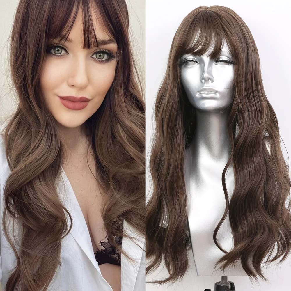 

Sivir 24inch Long Brown Synthetic Wigs with Bangs Layered Wavy Heat Resistant Hair Cosplay/Daily Wigs for White Black Women