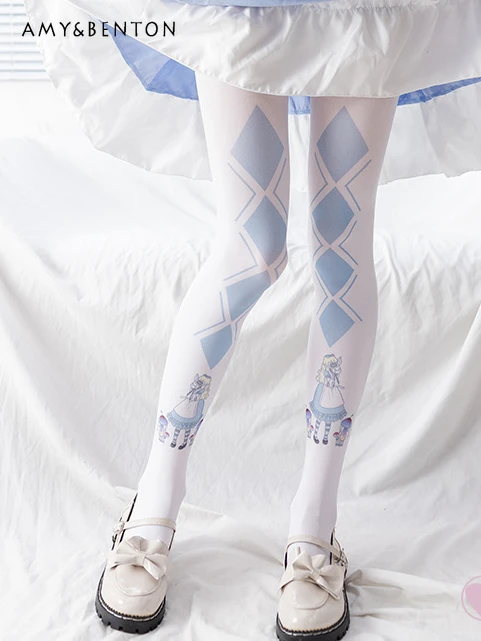 Колготки женские с мультяшным принтом милые шелковые чулки до бедра в японском
