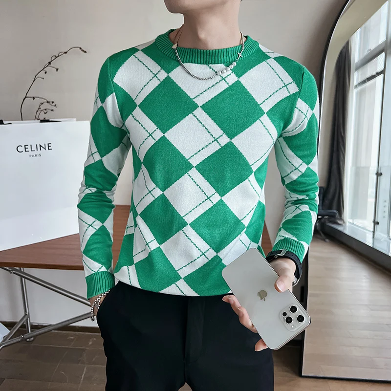 2022 Autumn Winter Stretch Jacquard Woven O-Neck Sweater Men's Waffle Slim Fit Plaid Knitted Pullovers Casual Streetwear Homme