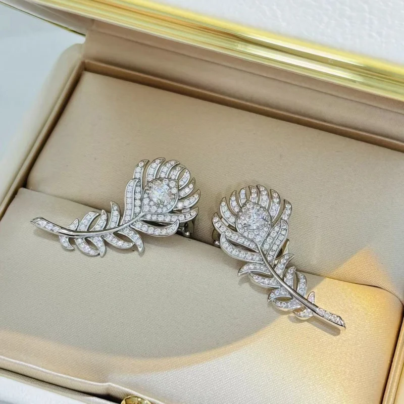 S925 Sterling silver feather classic stud earrings symmetrical design full of diamond inlay superior sense star same