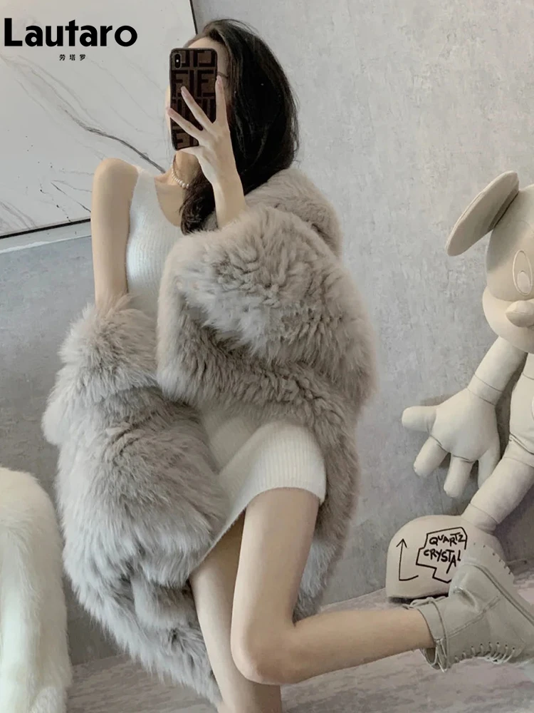 Lautaro зимнее толстое теплое мохнатое серое мягкое белое пальто из искусственного