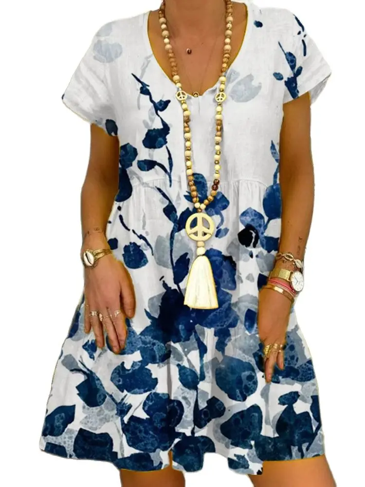 Женское платье с цветочным принтом V-образным вырезом и коротким рукавом |