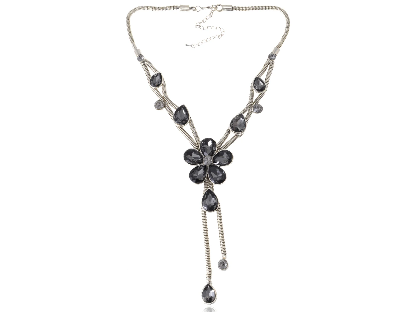 

Silver Tone Grey Crystal Rhinestone Daisy Plumeria Floral Pendant Statement Necklace