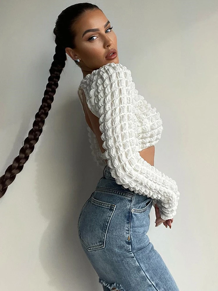 

Футболка женская базовая с открытой спиной, Белый Топ с длинным рукавом, с рюшами, элегантная винтажная уличная одежда, весна 2022