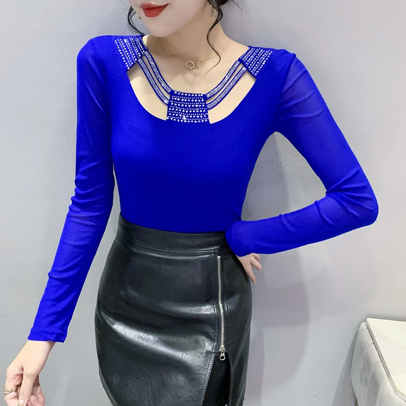 

Spring Fall New Mesh Casual T-Shirt Chic O-Neck Hollow Out Sexy Shiny Diamonds Women's Tops Long Sleeve Drilling Hot Tees 9024