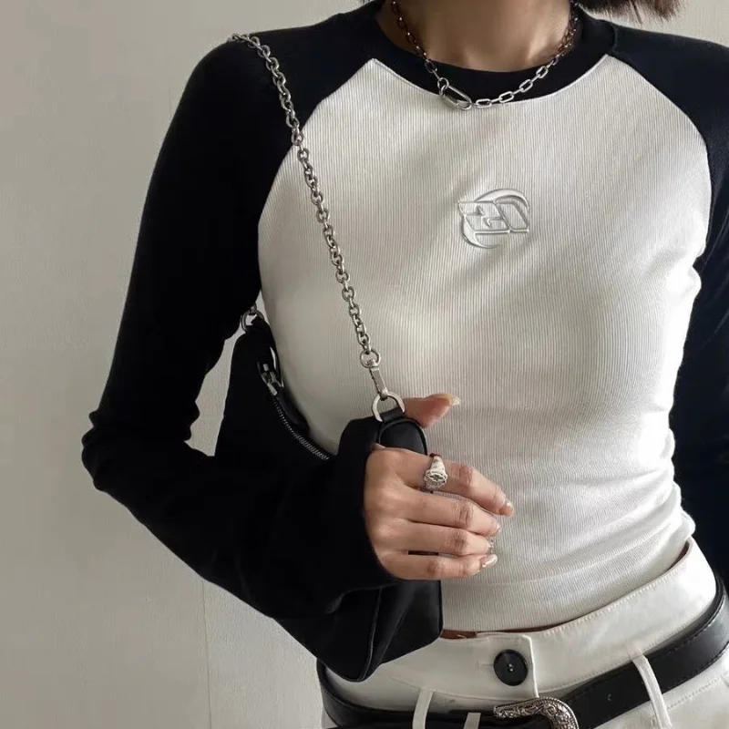 

Deeptown Vintage 90s T-shirts Women Black White Tees Korean Gyaru Long Sleeve Sexy Slim Tops Y2k Grunge Patchwork Streetwear
