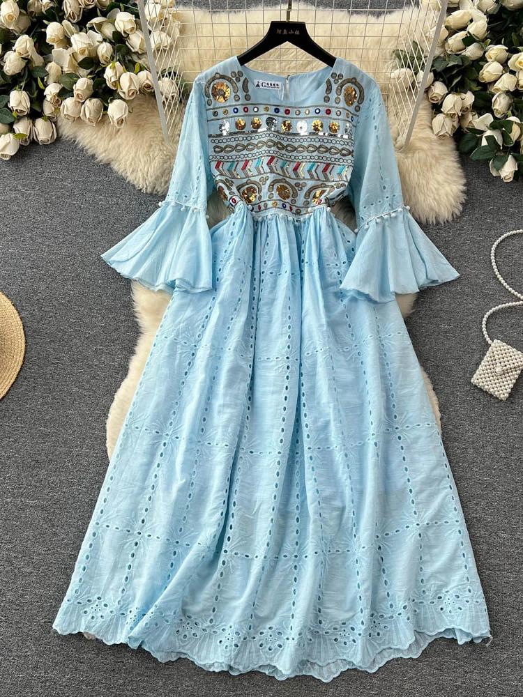 Женское богемное длинное платье летнее ажурное винтажное с рукавами-лепестками