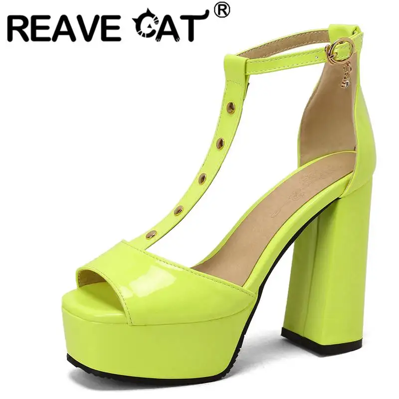 

REAVE CAT Women Sandals Patent Leather Open Toe T-starp Cover Chunky High Heels 12.5cm Platform 4.5cm Party Large Size 48 49 50