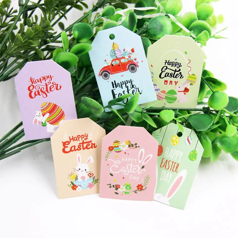 

48pcs Happy Easter Hanging Tags Colorful Paper Tags with Rope For Easter Party Decorations DIY Crafts Packing Hanging Supply