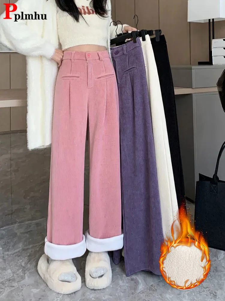 

Корейские женские плотные плюшевые широкие брюки, зимние теплые бархатные брюки, повседневные мешковатые модные прямые брюки с высокой талией