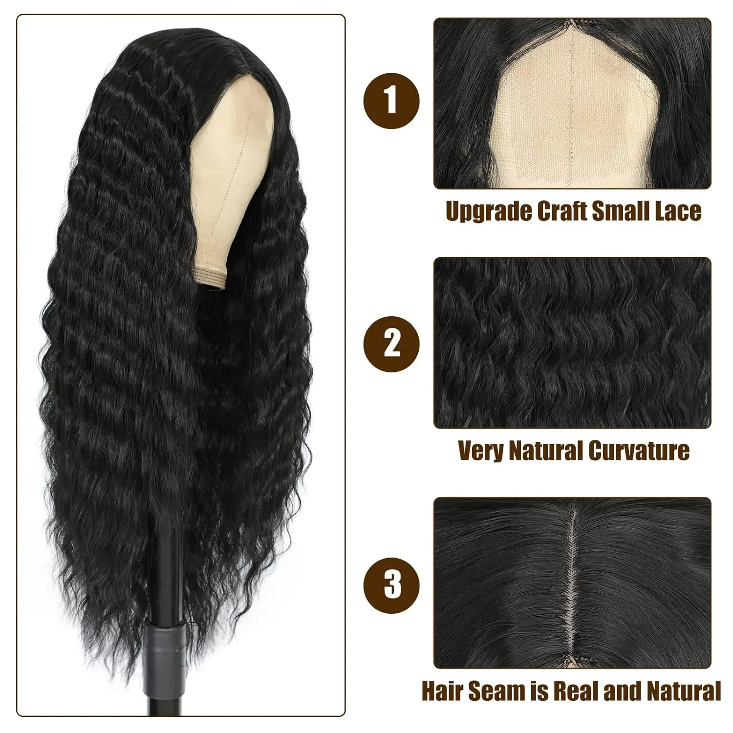 Черный длинный синтетический кружевной парик с вьющейся глубокой волнистой