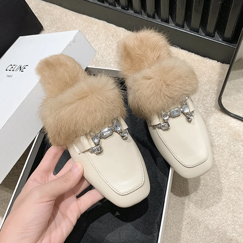 

Fashion Half Toe Baotou Muller Cotton Shoes Leather and Fur Integrated Slippers for Women 2023 Winter Fashion Outwear Fur Shoes