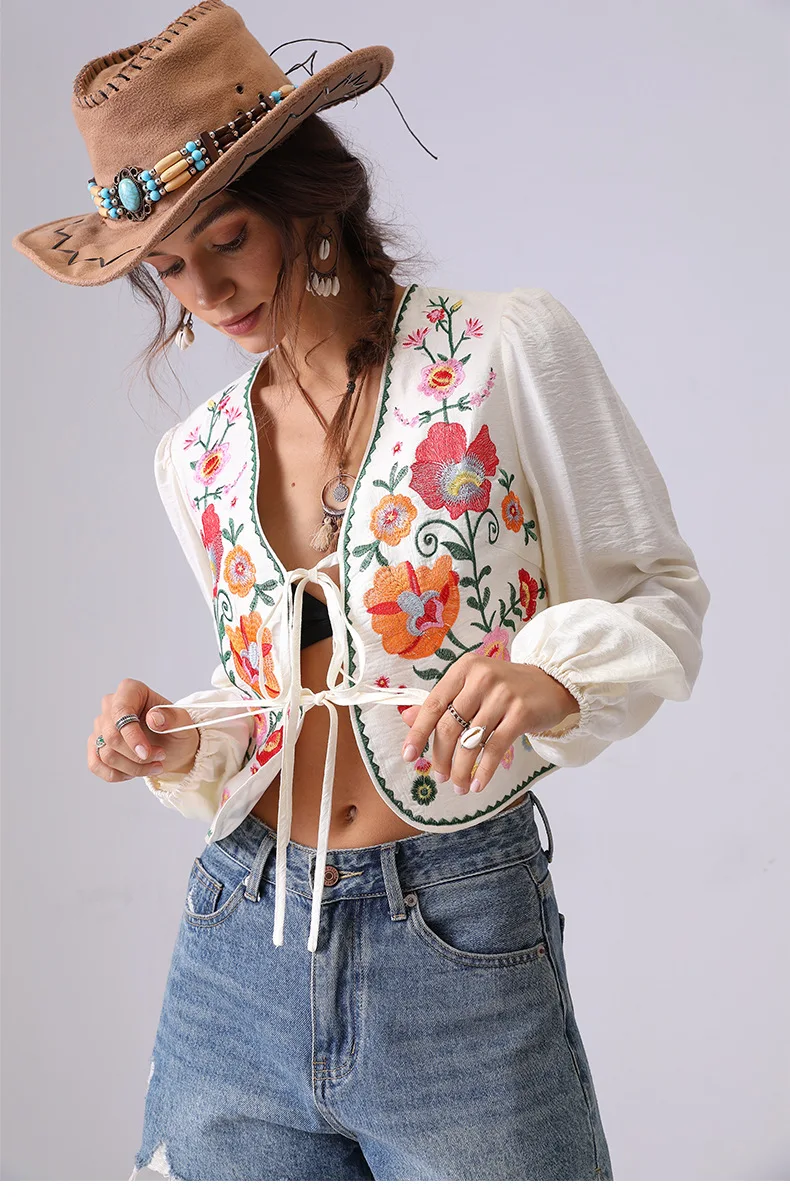 Фото Винтажная ретро французская рубашка с цветочной вышивкой, блузка, женская бежевая весенне-летняя галстук на шнуровке с длинным рукавом, сексуальные женские топы №5