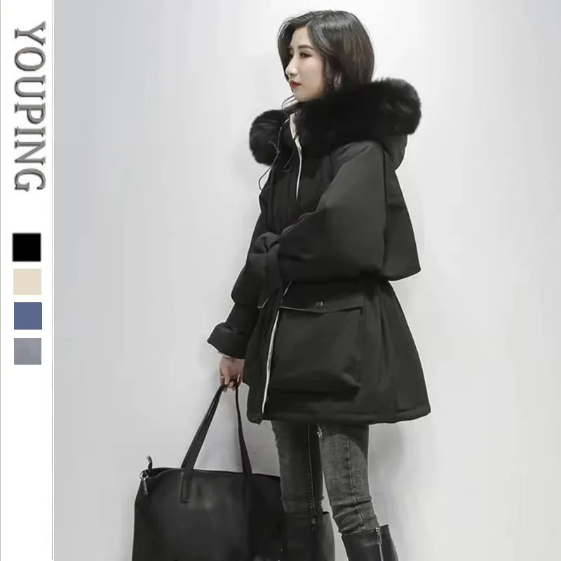 YOUPING Korean Fashion Women Parkas Down Jacket 2022 New Thicken Fur Collar Hooded Jacket Mid-length Loose Thick Cotton Clothing