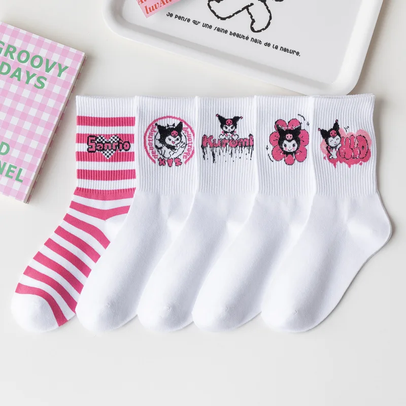 

Cartoon Cute Sanrio Kuromi Socks Children's Cotton Cartoon Stripes Women's Mid Tube Socks Student White Solid Cotton Socks