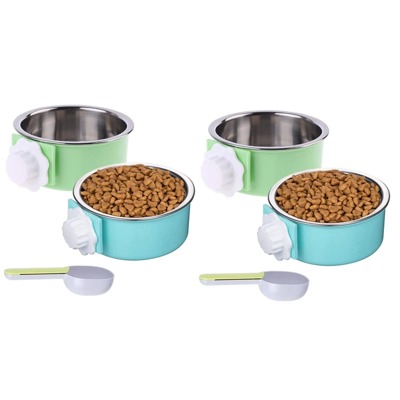 

4 Pieces Crate Dog Bowl, Removable Stainless Steel Pet Kennel Hanging Food Water Feeder Bowl Cage Coop Cup With Spoon