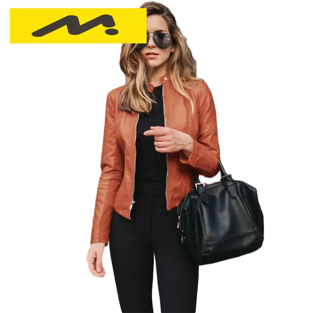 

2022 Black Slim Pu Veste Femme Casual Woman Zipper Leather Jacket Spring Fashion Long Sleeve O-neck Pure Color Jackets For Women
