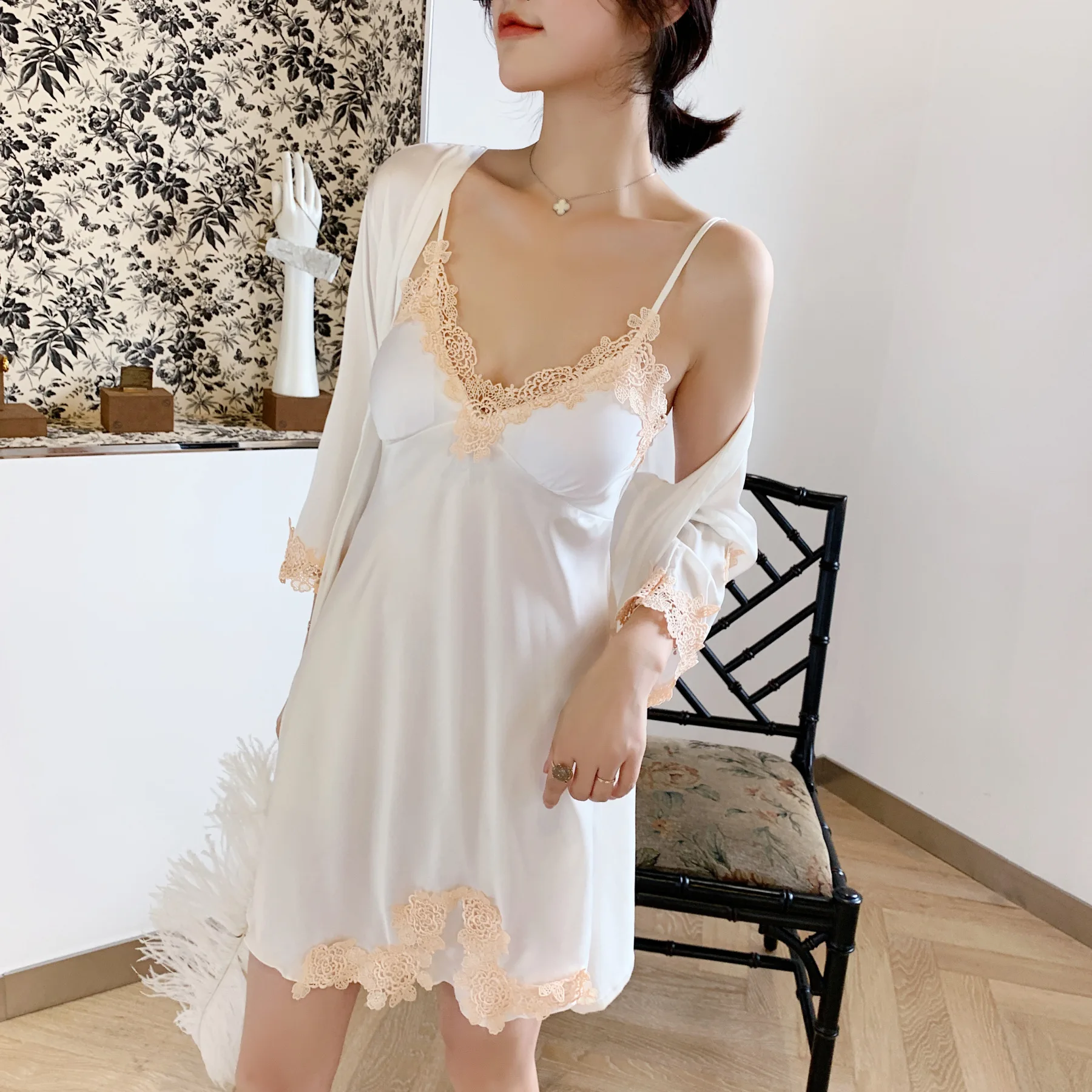 

Pajamas women spring and autumn ice silk sexy two-piece suspender nightgown with chest pad set silk home service